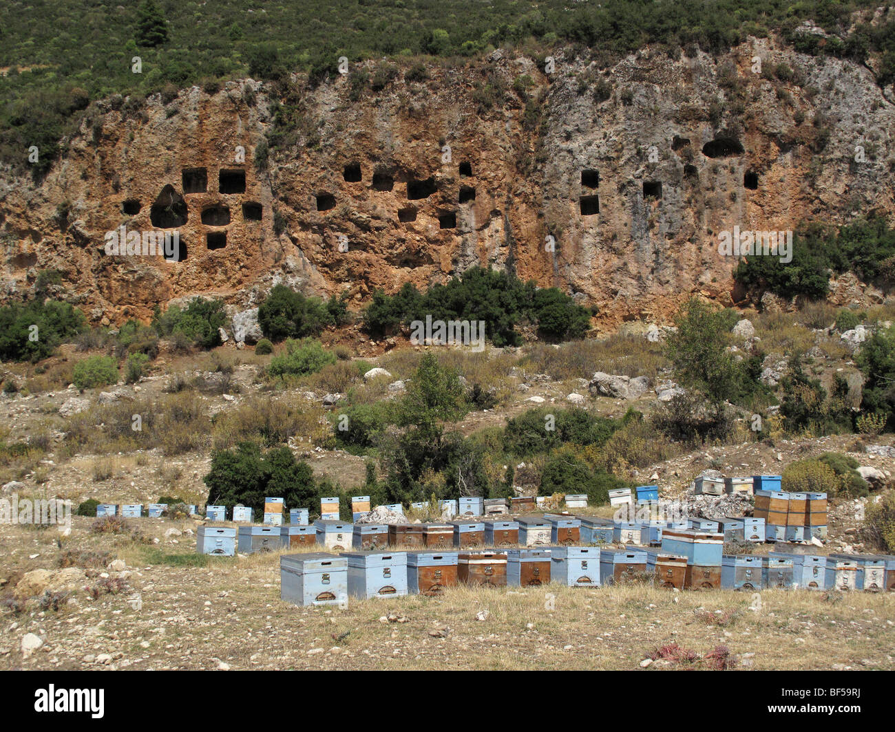 Lycian tombs & beehives, near Kalkan, Antalya, Turkey Stock Photo