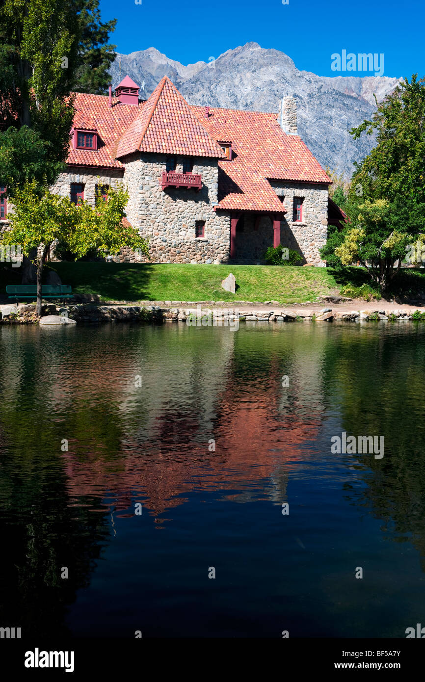Reflecting trout pond at the Mt Whitney Fish Hatchery on California's eastern side of the Sierra Mountain Range. Stock Photo
