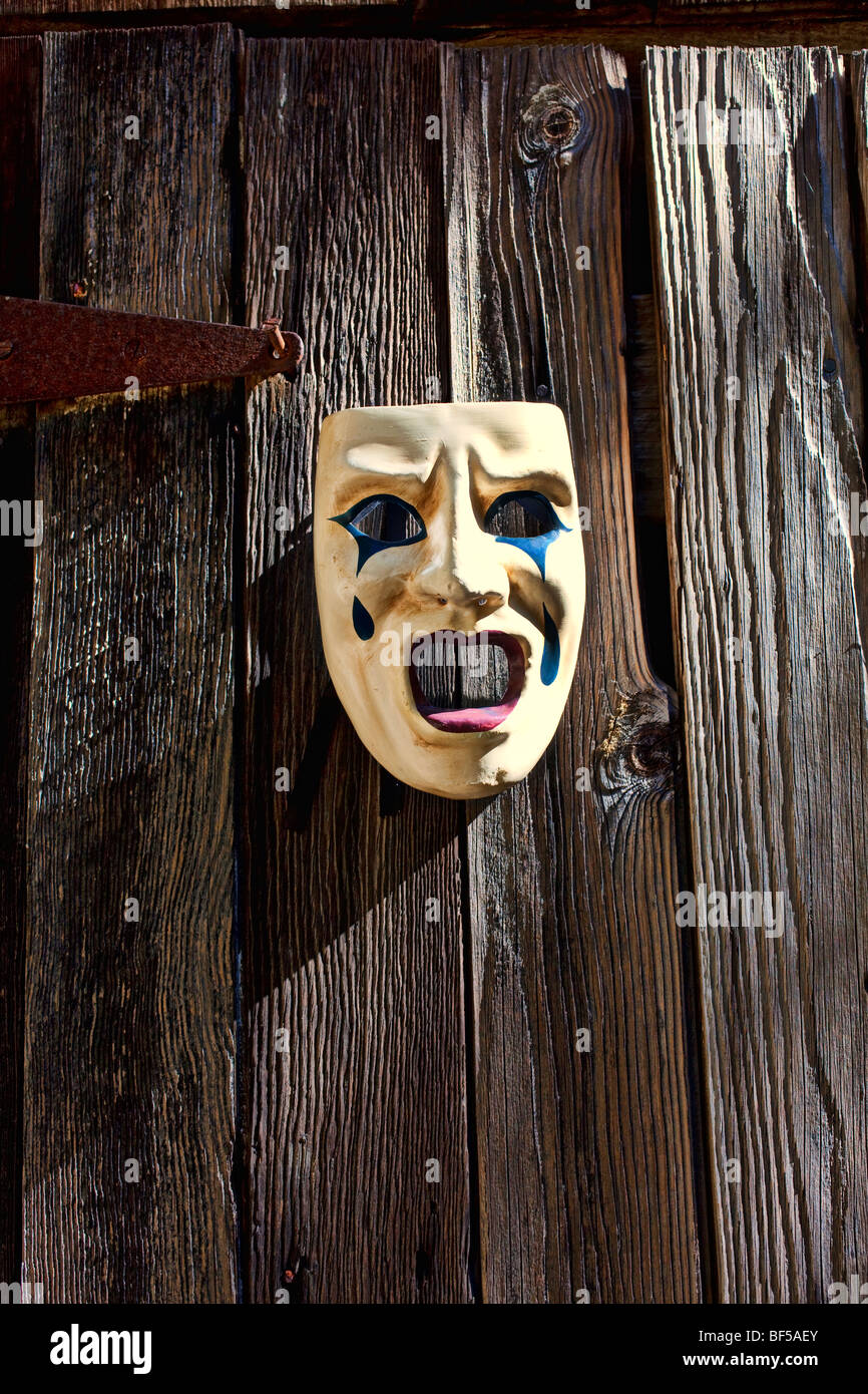 Mask on wooden barn door Stock Photo