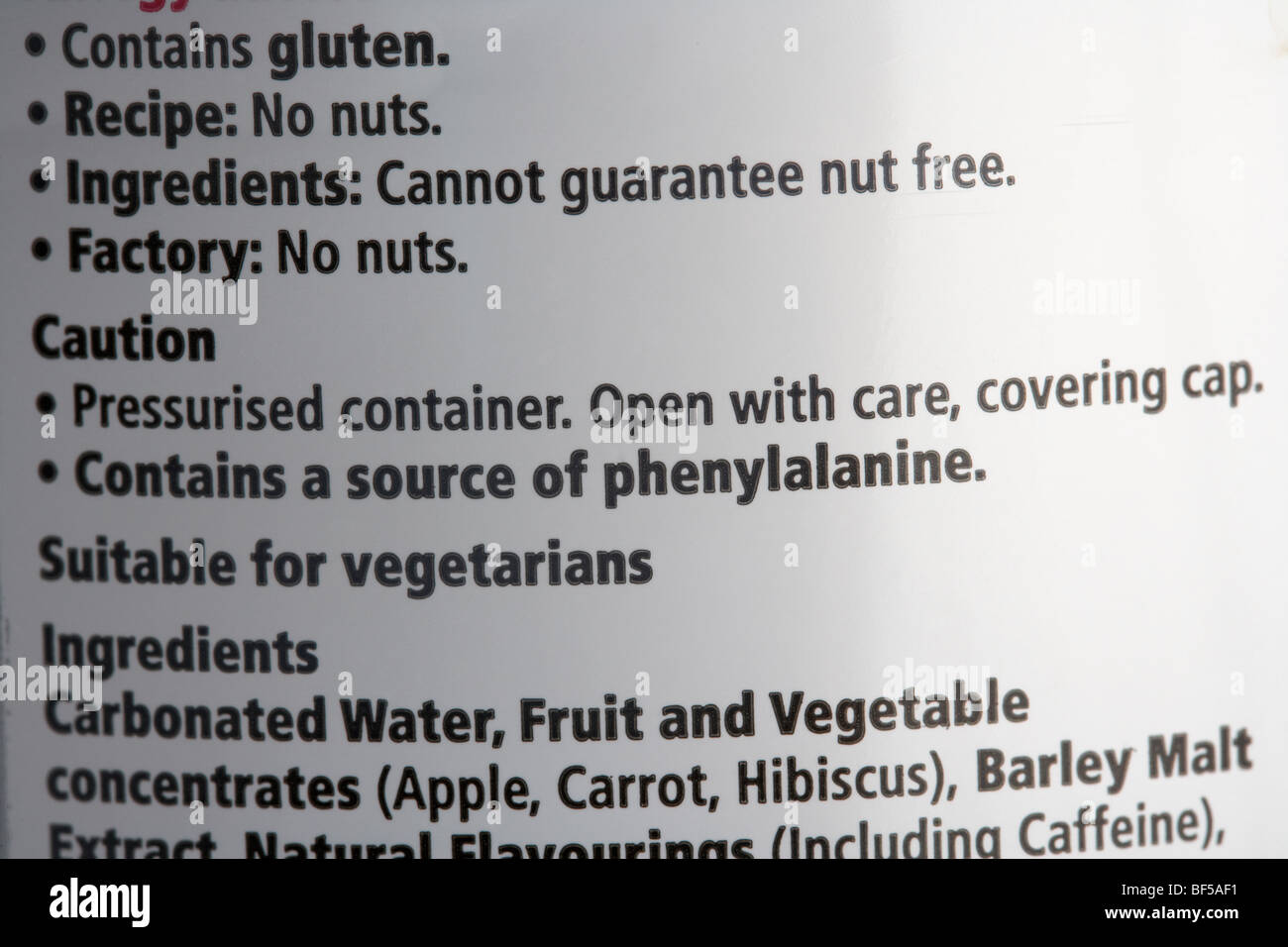 food label on a bottle of cola in the uk showing a source of phenylalanine Stock Photo