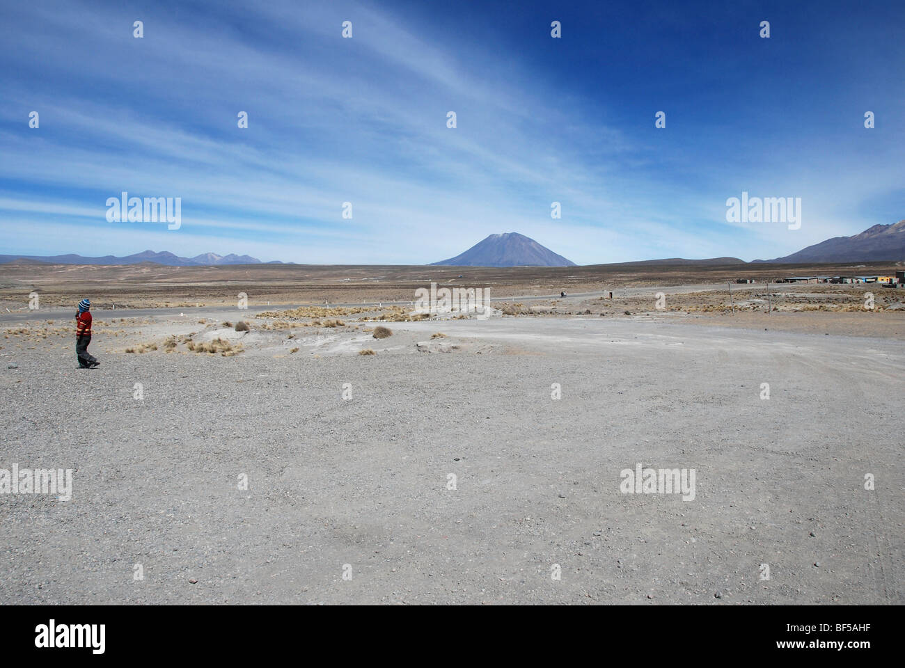 Small child, Misti volcano, Polopuluni, Salinas y Aquada Blancas National Park, Peru, South America, Latin America Stock Photo