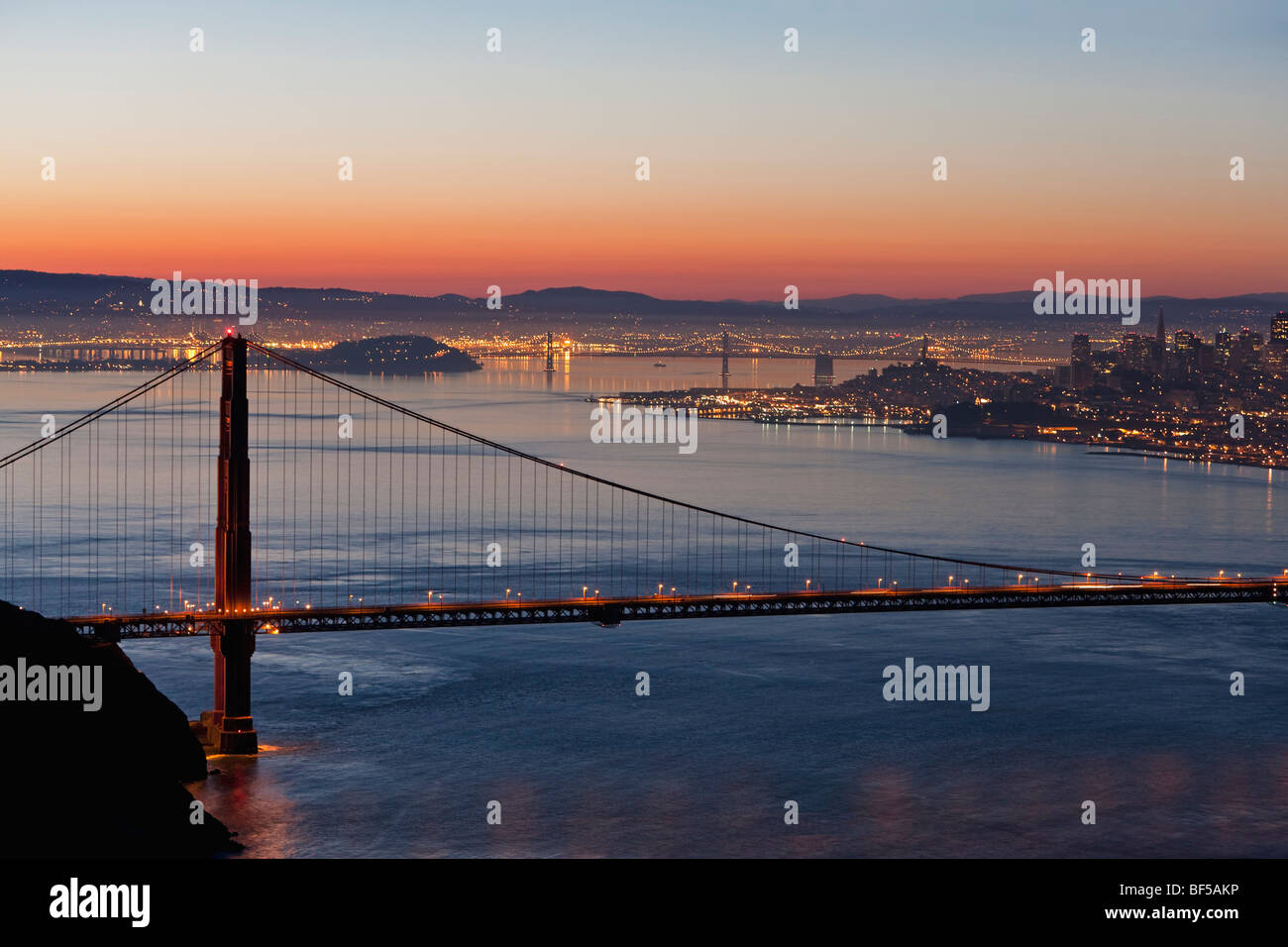 Golden Gate Bridge with San Francisco at night, California, USA, America Stock Photo