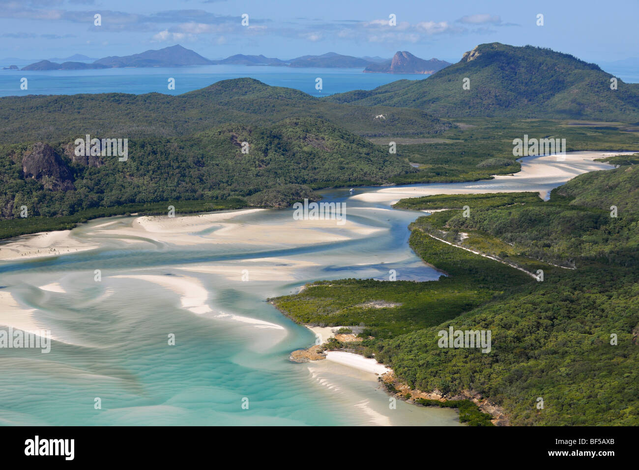 Aerial view of Whitehaven Beach, Whitsunday Island, right Hook Island