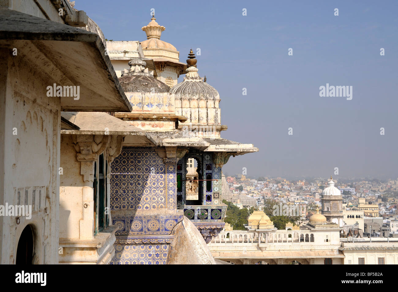 City palace of Udaipur, detail with view of the city, Udaipur, Rajasthan, North India, India, South Asia, Asia Stock Photo