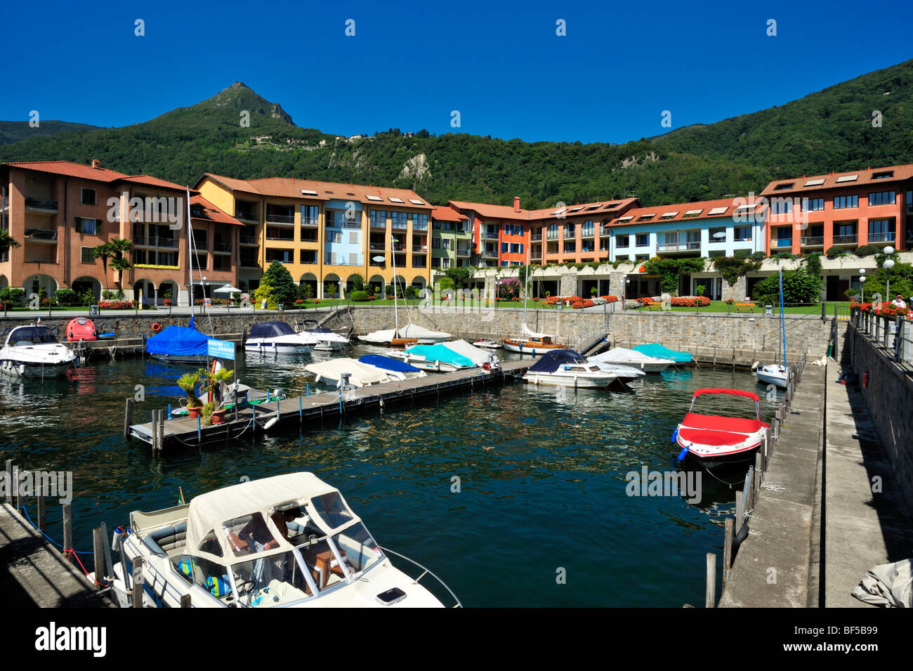 Marina with Hapimag Hotel, Lago Maggiore lake, Cannero Riviera, Piedmont, Italy, Europe Stock Photo