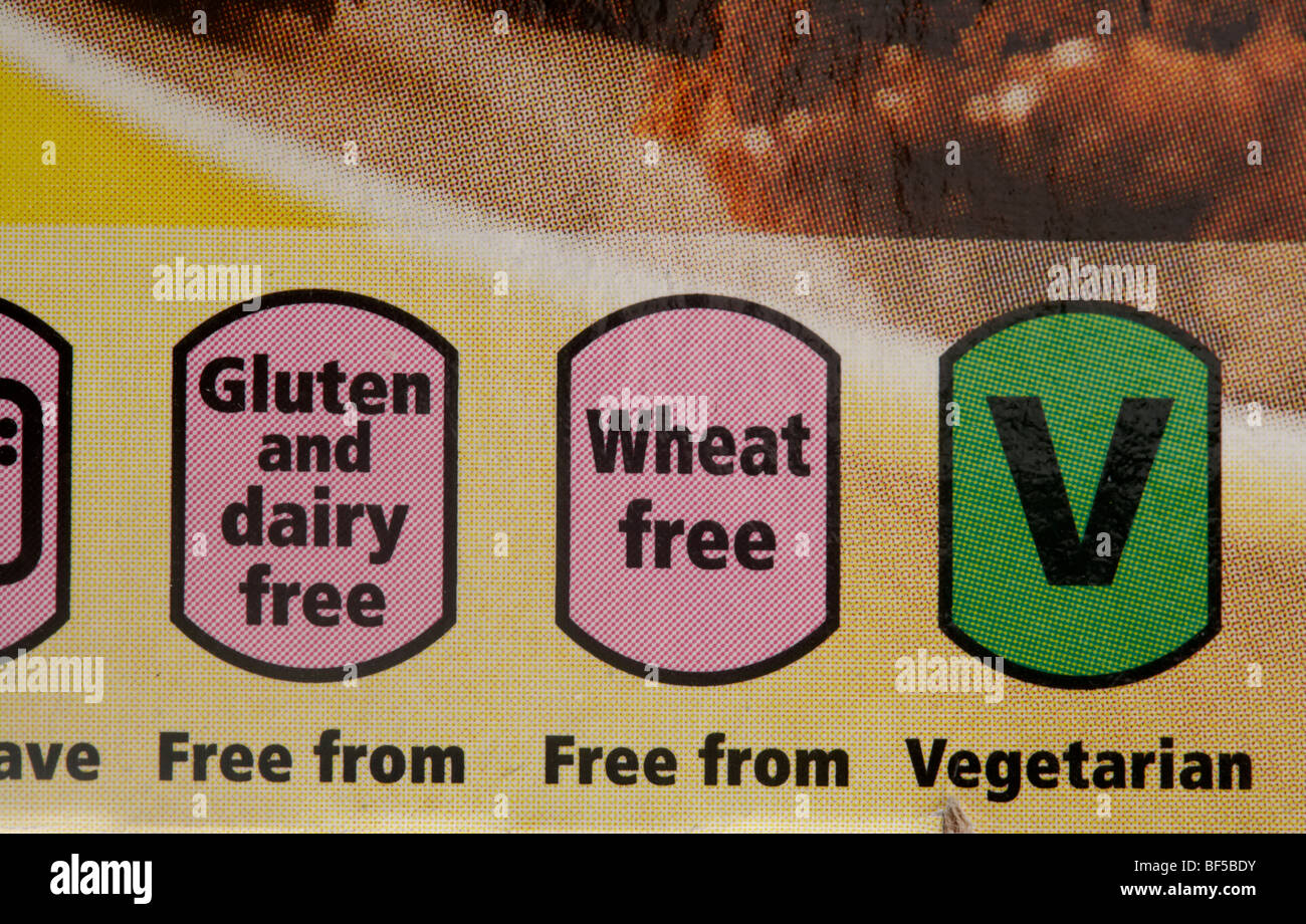 food label on in the uk showing wheat free gluten free dairy free and suitable for vegetarians Stock Photo