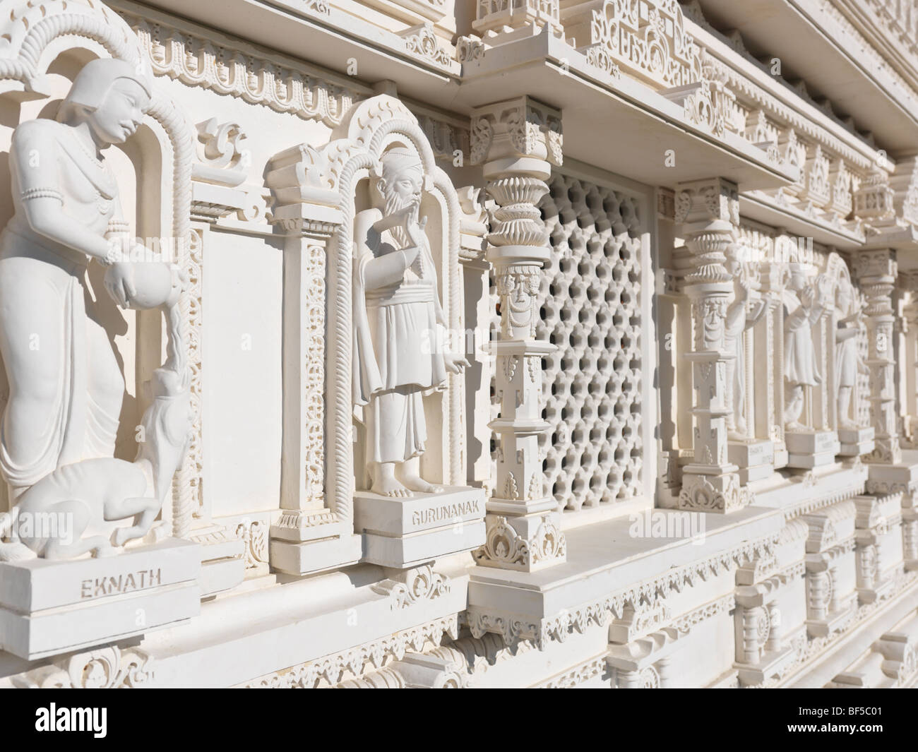 The Swaminarayan Mandir hand-carved white marble Hindu temple. Eknath and Gurunanak carvings. Toronto, Ontario, Canada. Stock Photo