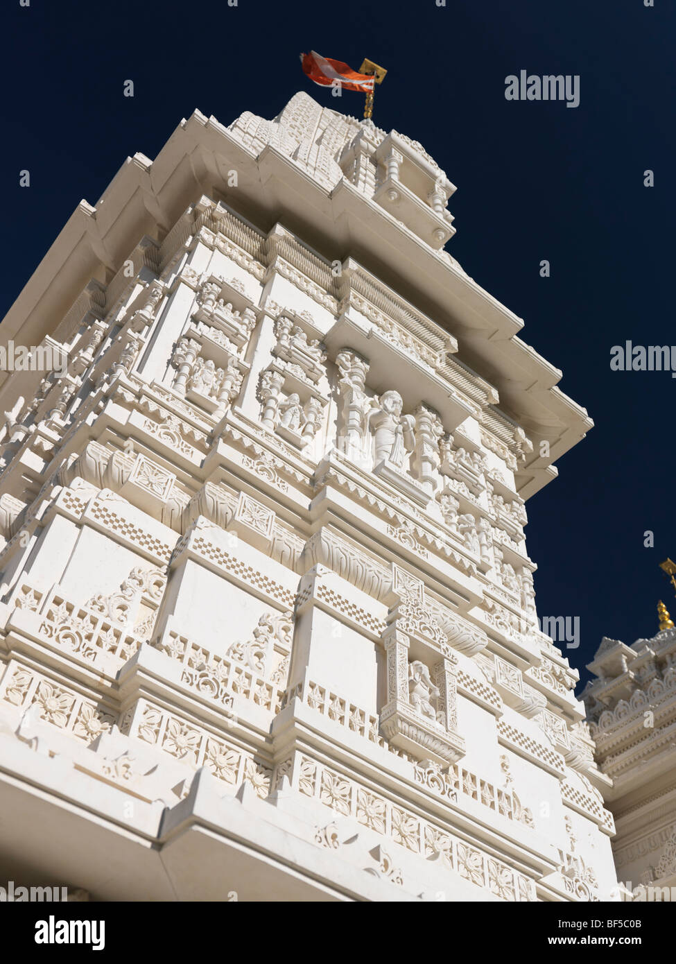 Tower of The Swaminarayan Mandir hand-carved white marble Hindu temple in Toronto, Ontario, Canada. Stock Photo