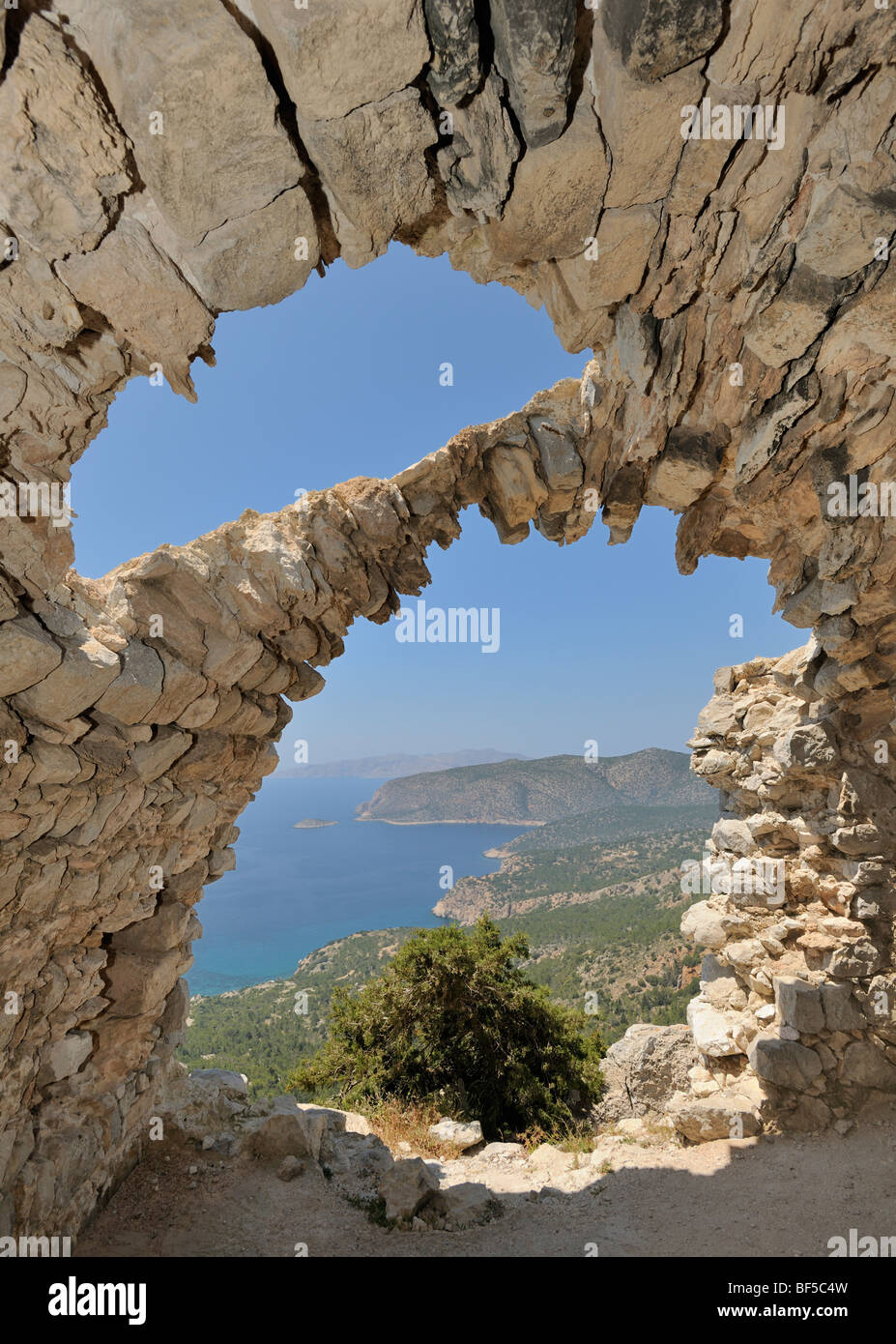 Ruins of a church with a barrel vault, castle hill Monólithos, Rhodes, Greece, Europe Stock Photo
