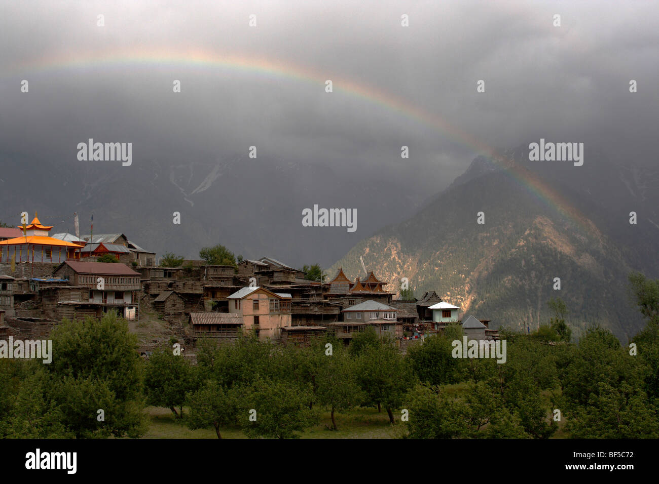 Rainbow over Kalpa, Himachal Pradesh, India, South Asia Stock Photo