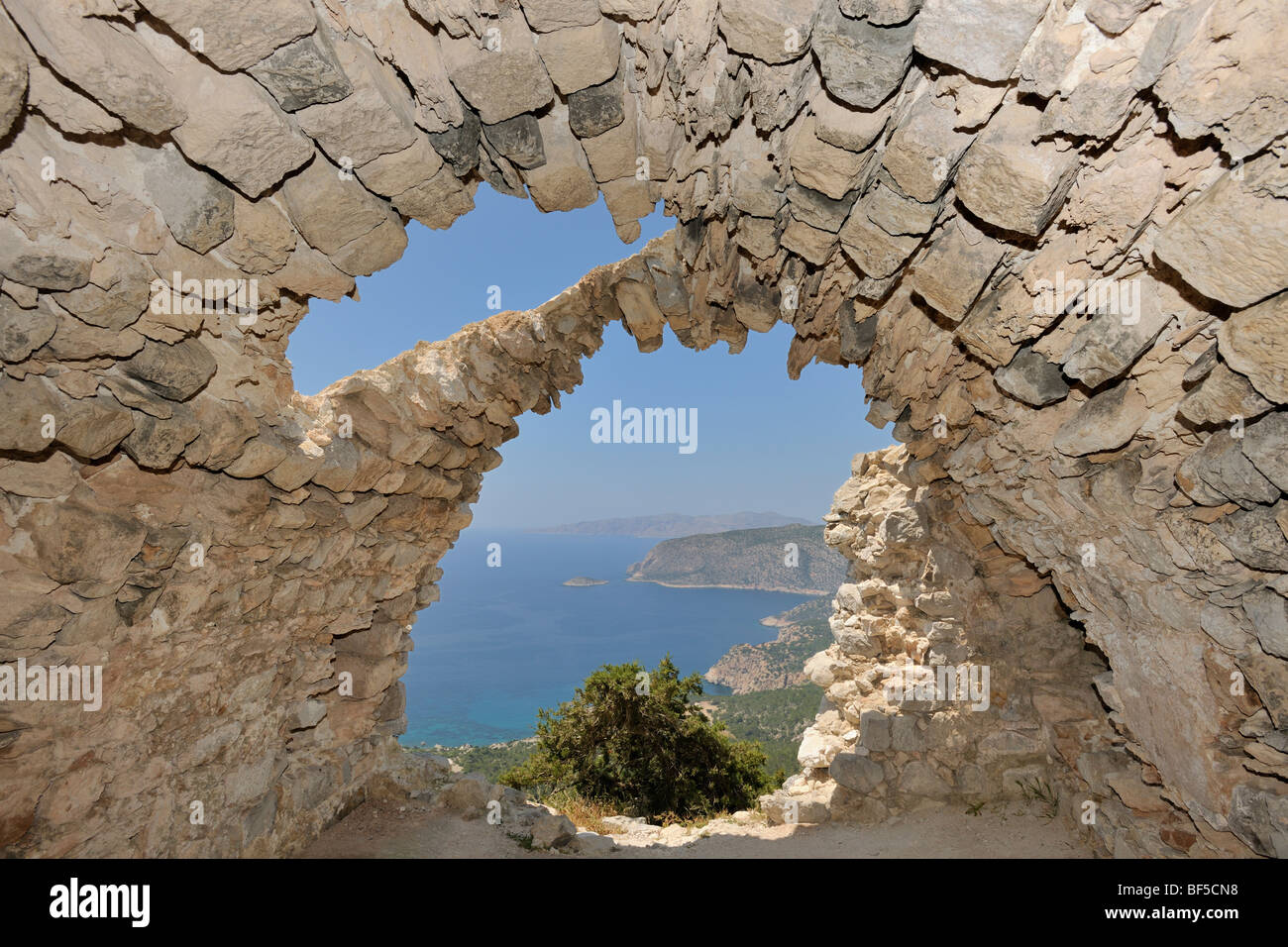 Ruins of a church with a barrel vault, castle hill Monólithos, Rhodes, Greece, Europe Stock Photo