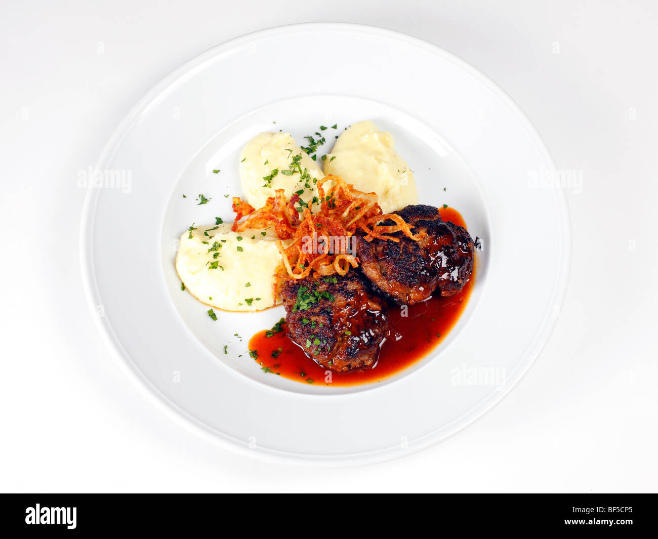 Faschierte Laibchen, meat balls with mashed potatoes Stock Photo