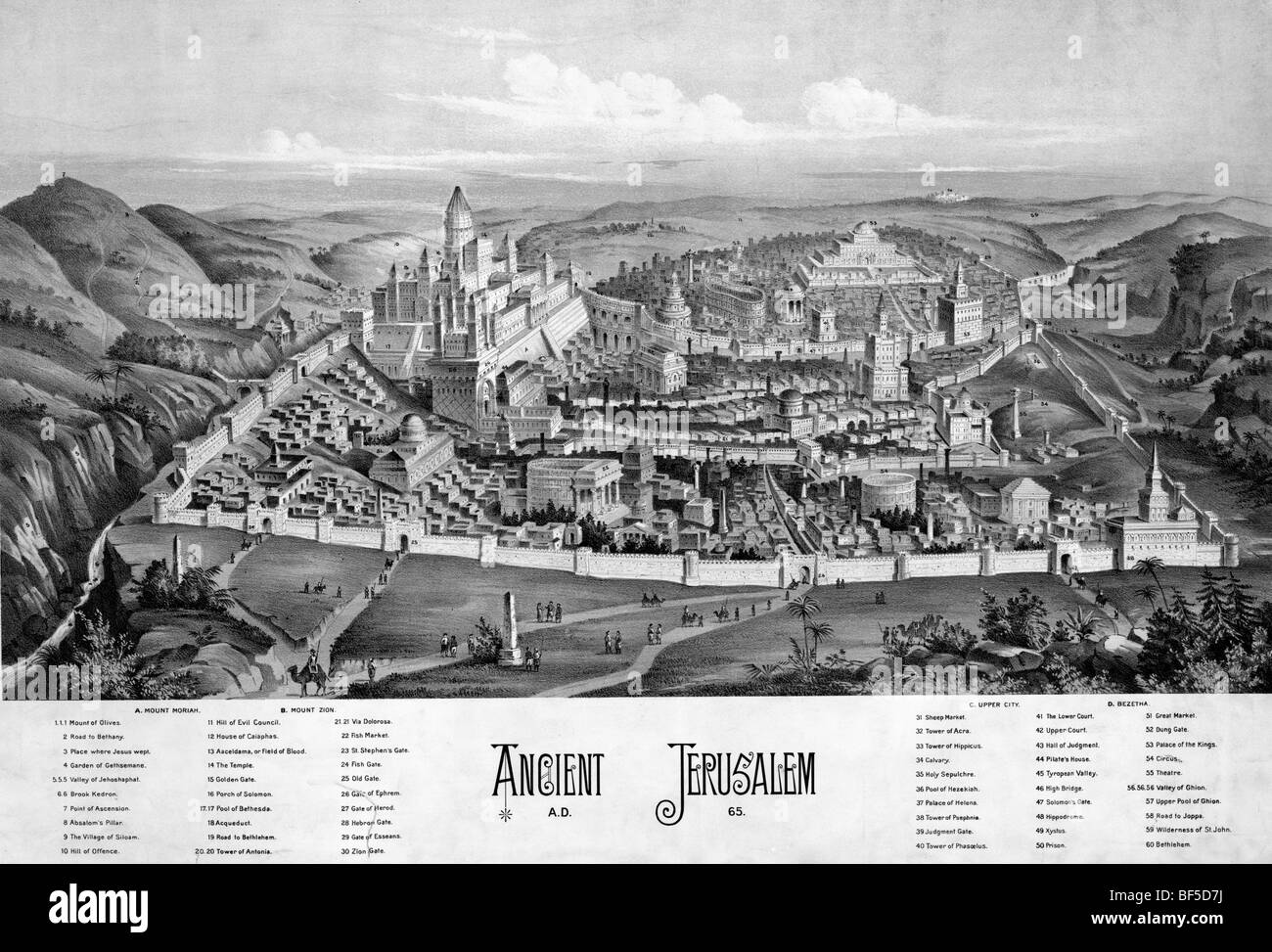 Ancient Jerusalem with Solomon's Temple and a list of numbered historical sites in the city Stock Photo