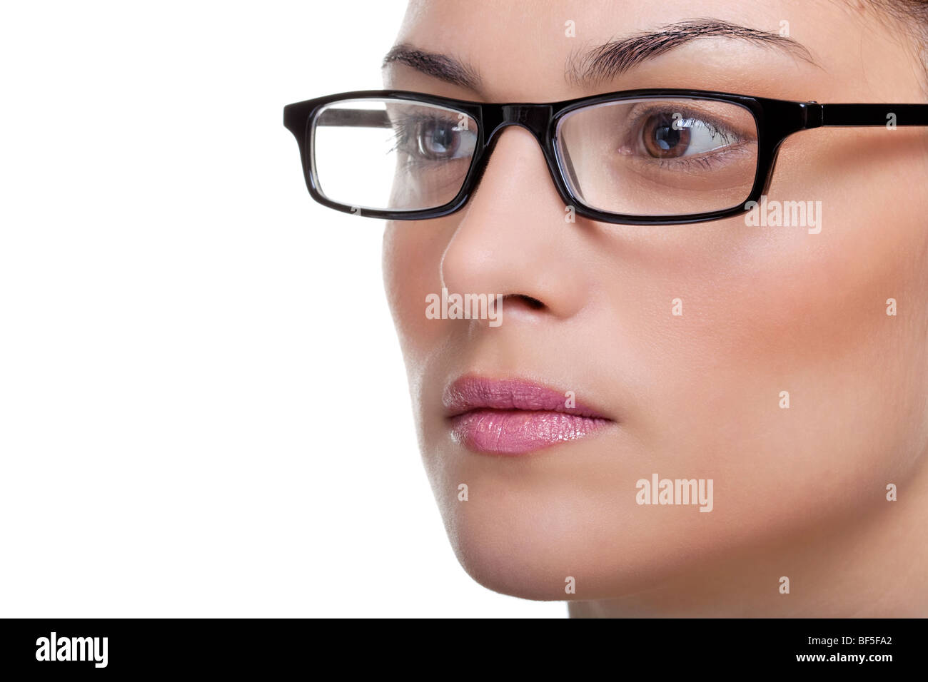 Close up of a woman wearing black rimmed spectacles Stock Photo