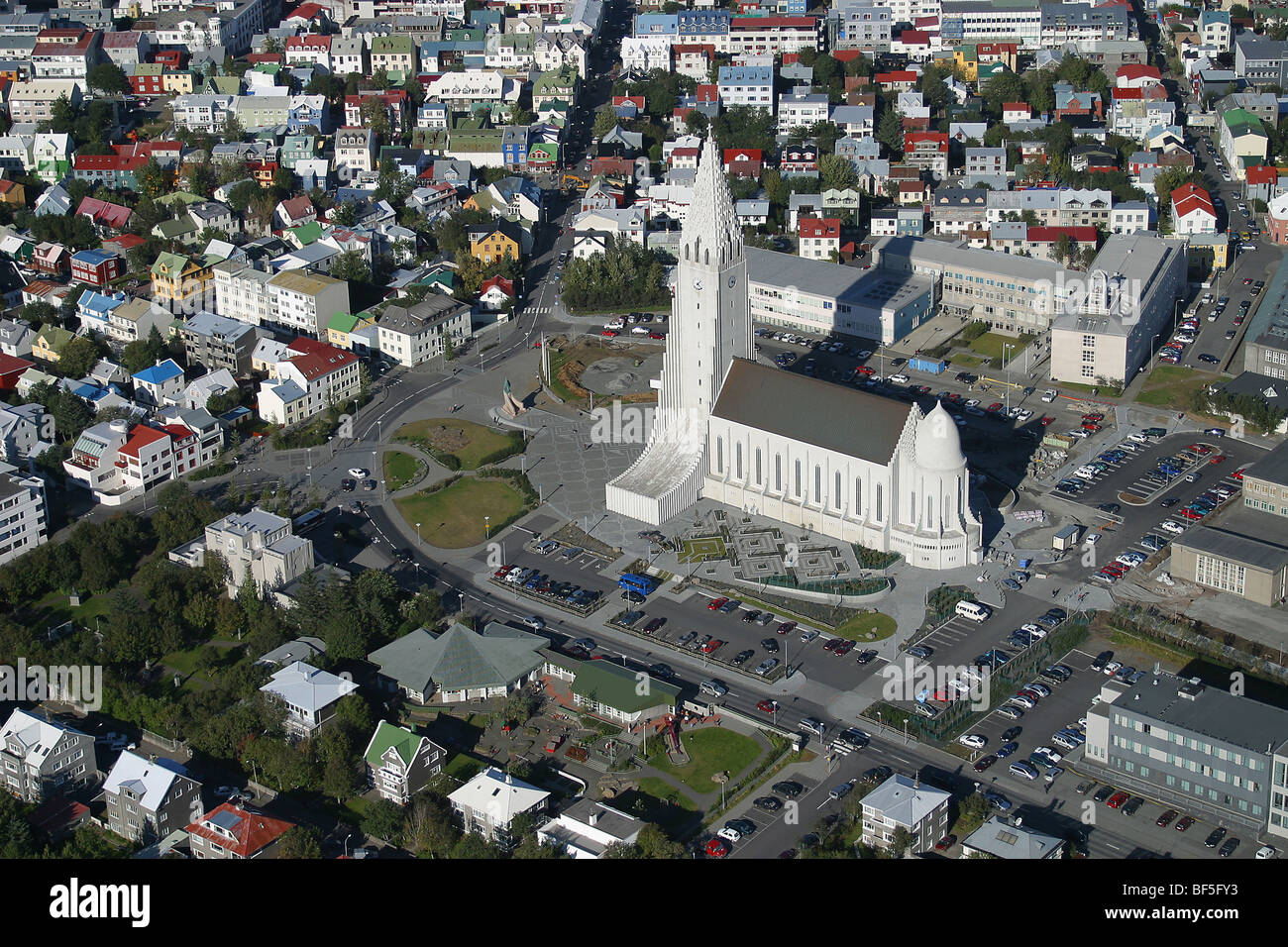 Aerial Hallgrimskirkja Church, Reykjavik, Iceland Stock Photo