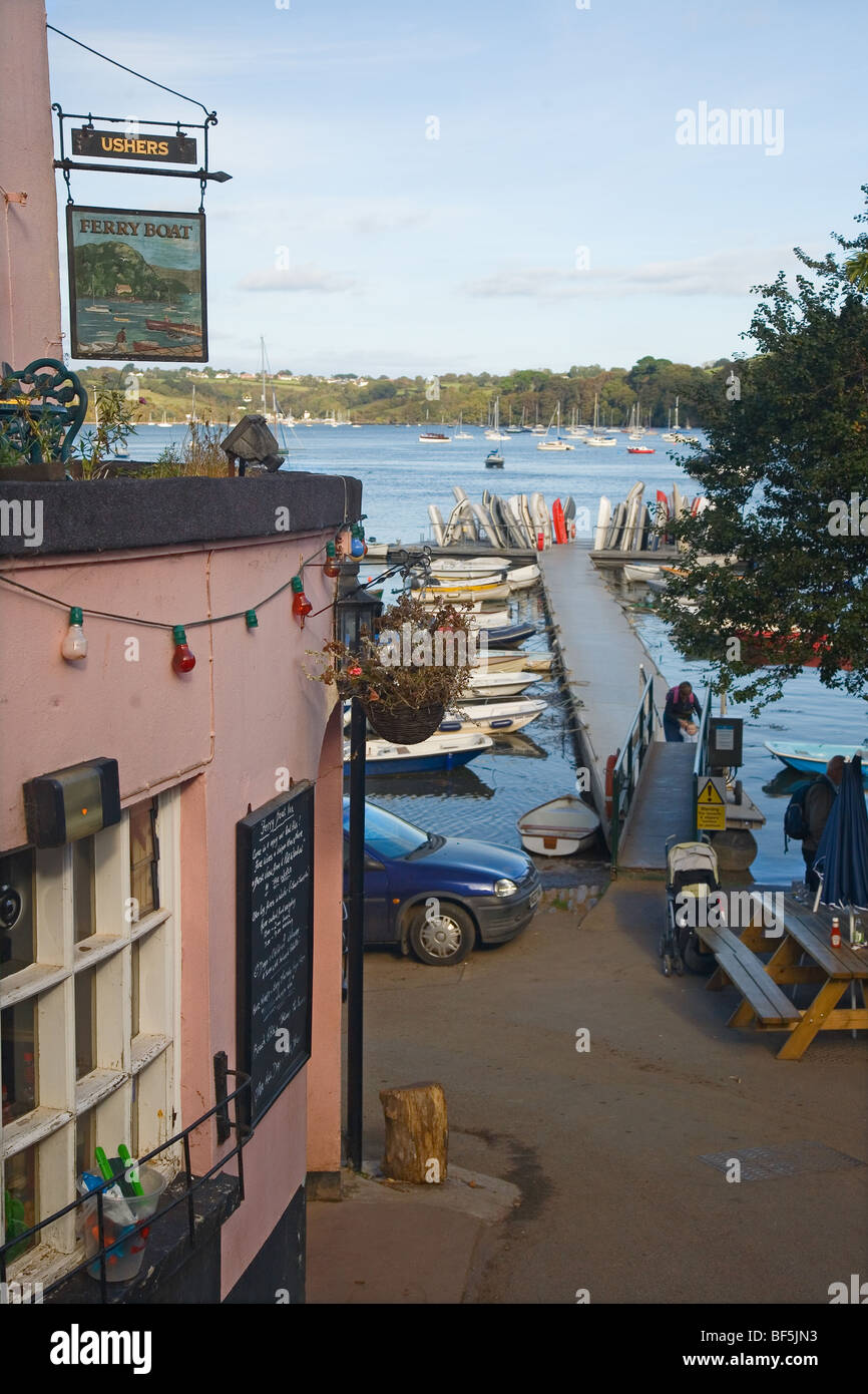 The Ferry Boat Inn and the jetty for the ferry over the River Dart to