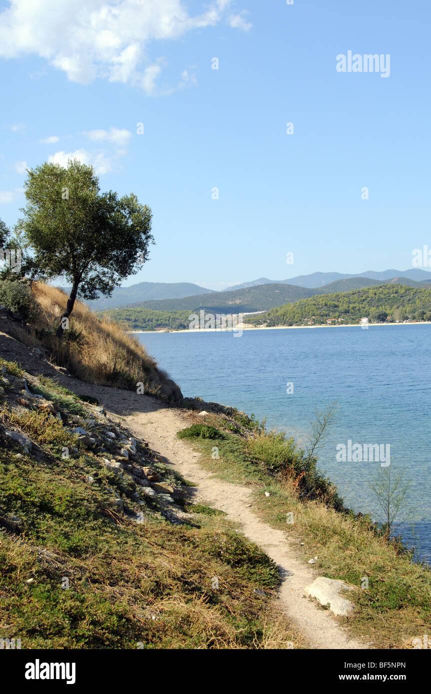 Coastal footpath overlooks Likythos Bay on the Gulf of Kassandra at Torini northern Greece Stock Photo