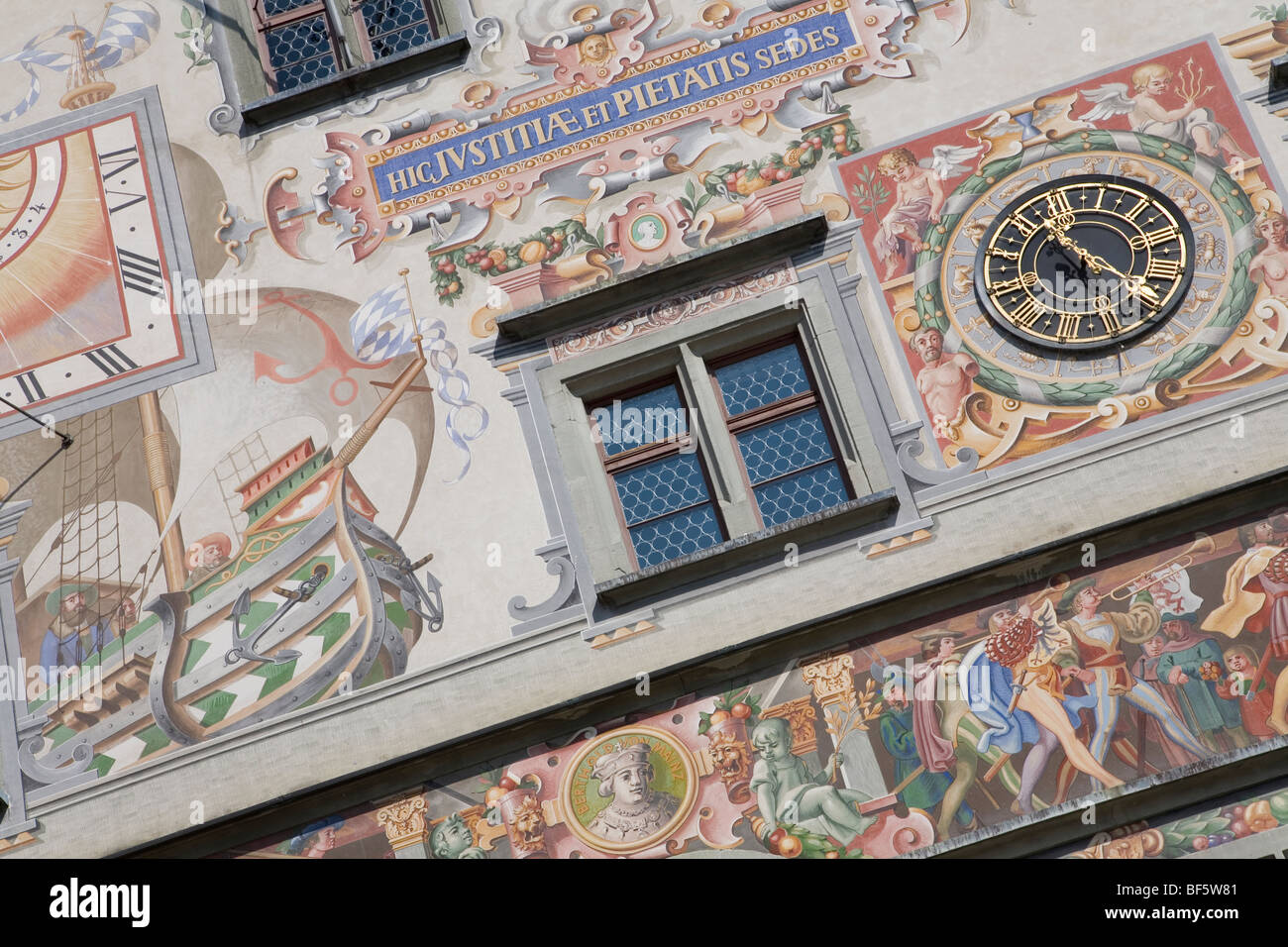 Old City Hall, Facade, Mural Paintings, Renaissance, Lindau,  Lake Constance, Bavaria, Germany Stock Photo