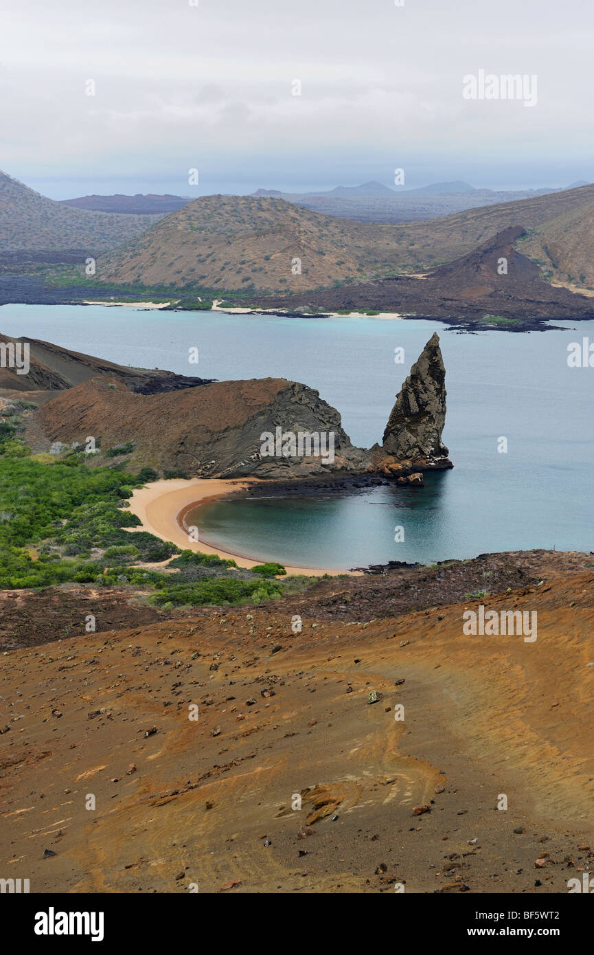 Sullivan Bay and Pinnacle Rock, Bartolom Island, Galapagos Islands, Ecuador, South America Stock Photo