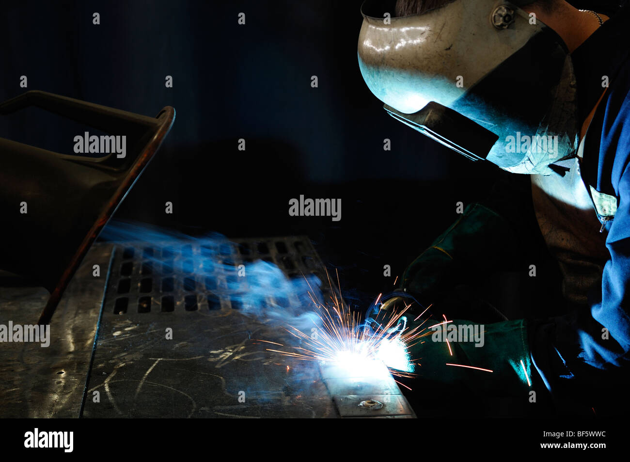 Welder Welding at an Engineering Works Stock Photo