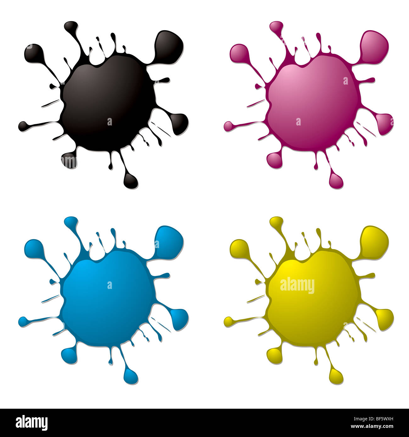 four colour ink splats with shadow and light reflection Stock Photo - Alamy