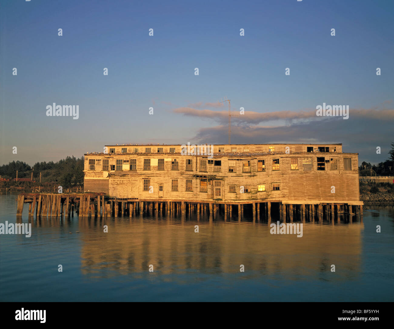 An abandoned fish cannery in the harbor of the Coquille River in Bandon