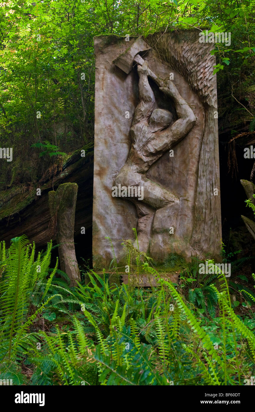 Milled Redwood etchings showing the story of Paul Bunyan, Trees of Mystery, Del Norte County