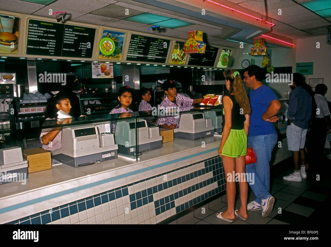 Mexican people, ordering food, eating at McDonalds restaurant, Plaza Caracol, Cancun, Quintana Roo, Quintana Roo State, Yucatan Peninsula, Mexico Stock Photo