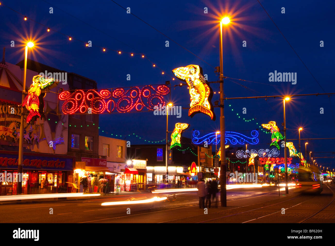 England, Lancashire, Blackpool. Blackpool Illuminations on the Blackpool Golden Mile. Stock Photo
