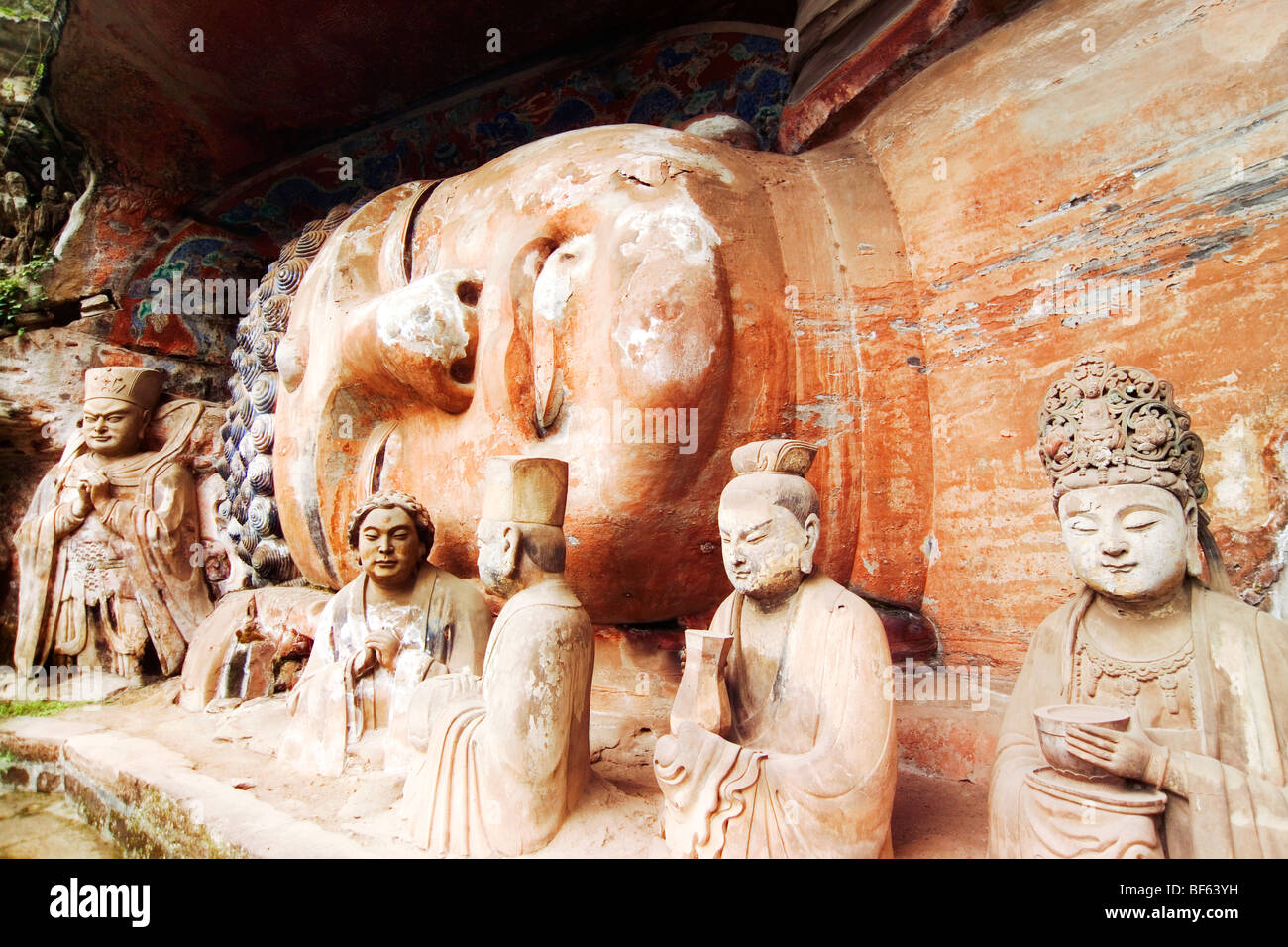 Exquisite detailed carving of disciples of Buddha and the Reclining ...