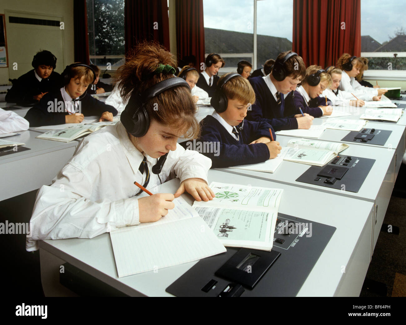 Education, school students working in language laboratory Stock Photo