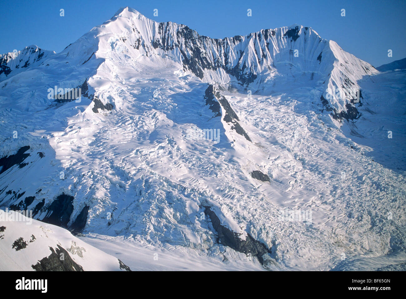 Glaciers flow from cirques in Fairweather Mountains in Glacier Bay National Park, Alaska, USA