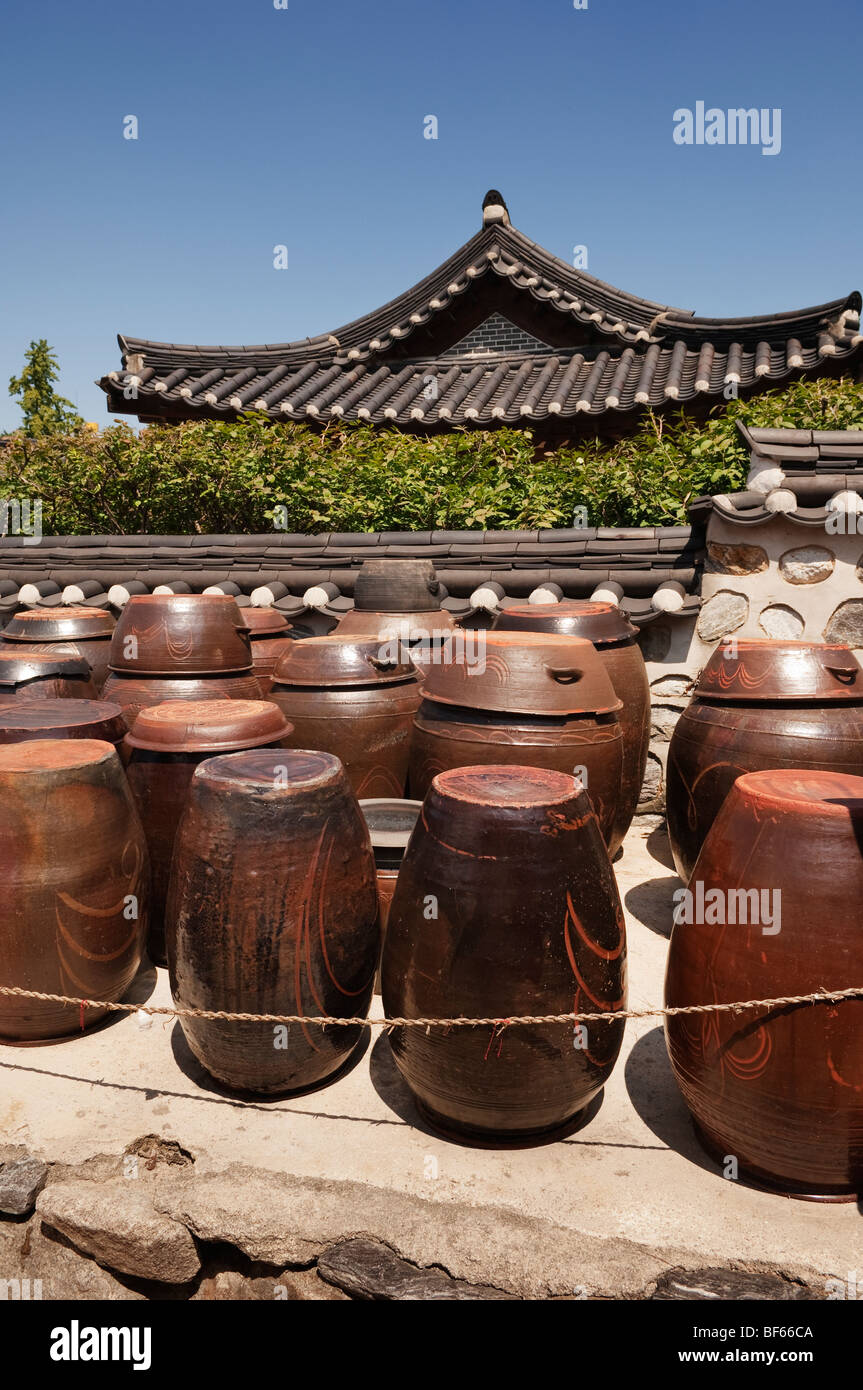 Traditional Ceramic pots for food storage in the Namsangol Hanok Village Stock Photo