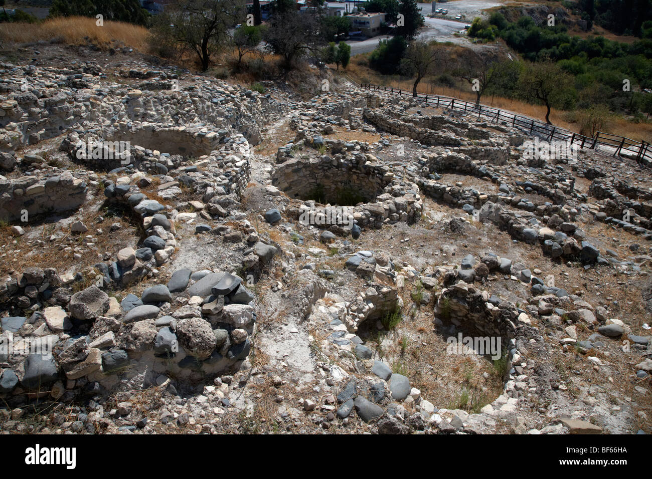 round circular dwellings excavated at Choirokoitia ancient neolithic village settlement republic of cyprus Stock Photo