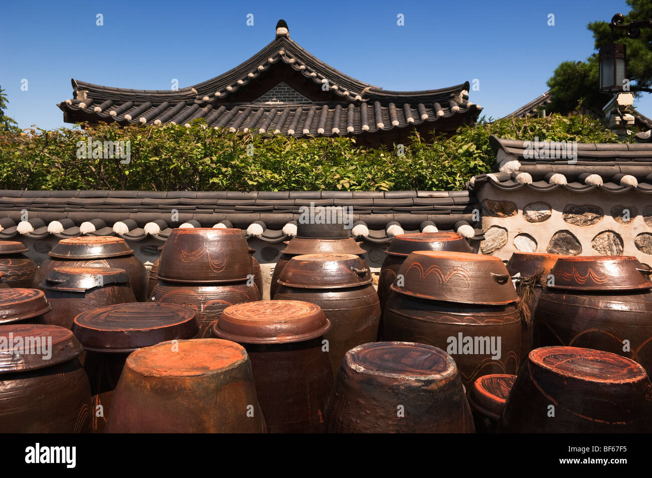 Traditional Ceramic pots for food storage in the Namsangol Hanok Village, Seoul, South Korea. Stock Photo
