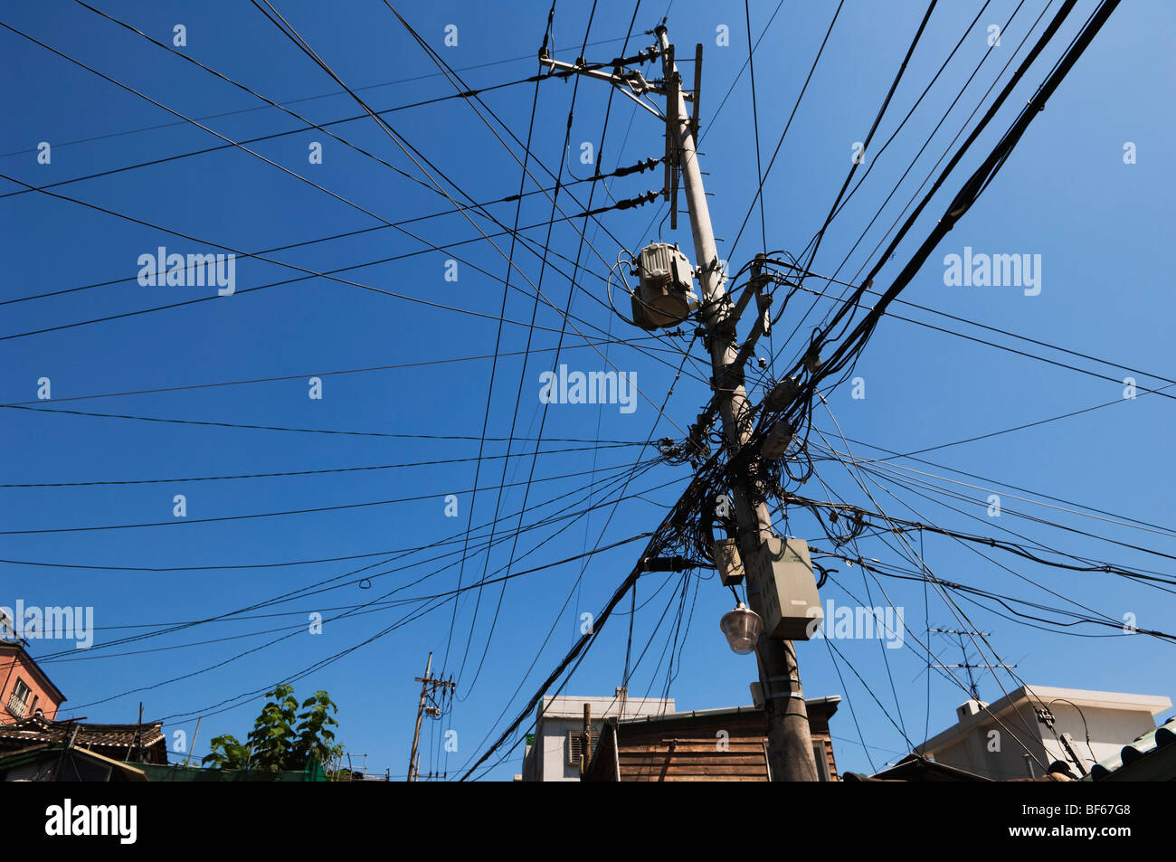 One of the usual tangled wire interchanges in Gye-Dong Seoul Stock Photo