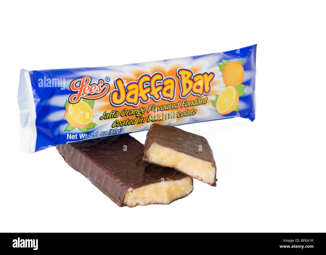 Close up view of unwrapped Lee's Jaffa Bar with wrapper in background. Stock Photo