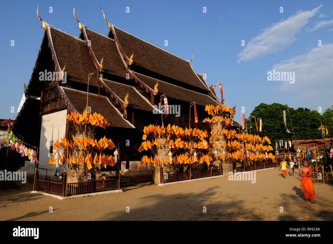 Thailand; Chiang Mai; Wat Phantao; Wat decorated with flags for the Loi Kratong Festival Stock Photo