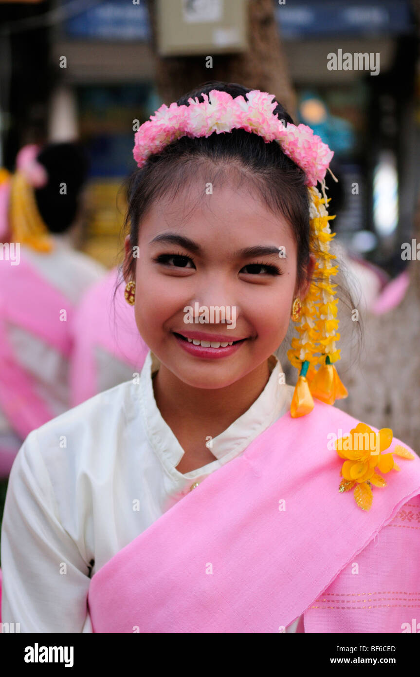 Thailand; Chiang Mai; Girl in Costume ready for the Loi Krathong Festival Parade Stock Photo