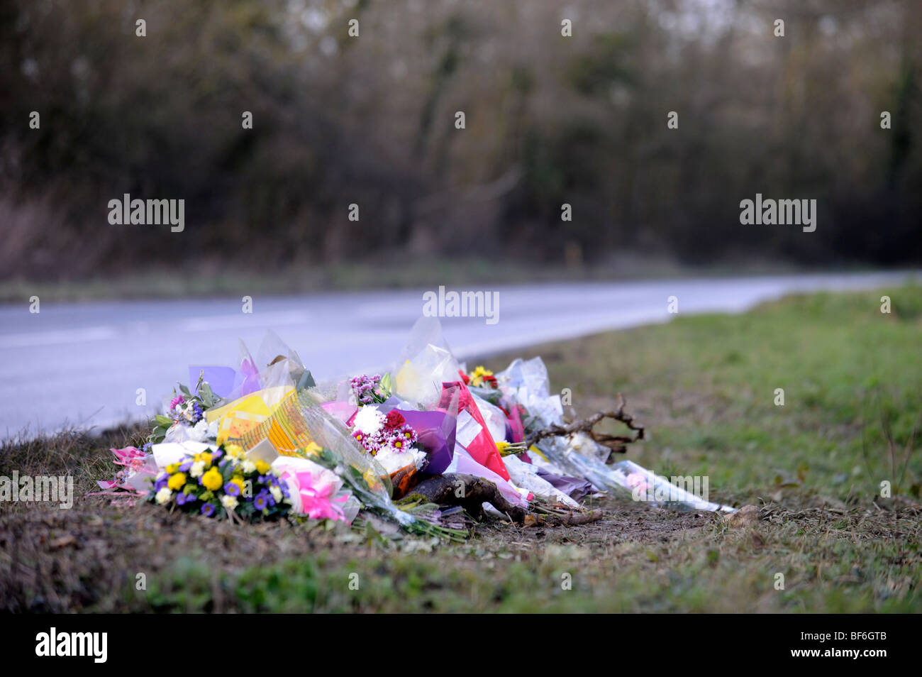 A roadside memorial on the A429 north of Stow-on-the-Wold, Gloucestershire where an accident on 7 March 2008 involving convicted Stock Photo