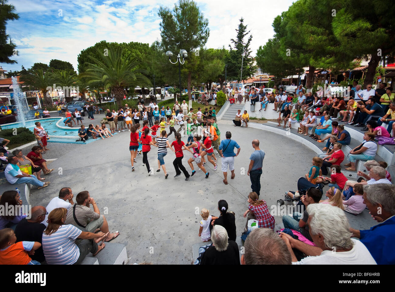 School children rehearsing for public event in Hanioti Village, Halkidiki, Greece. Stock Photo