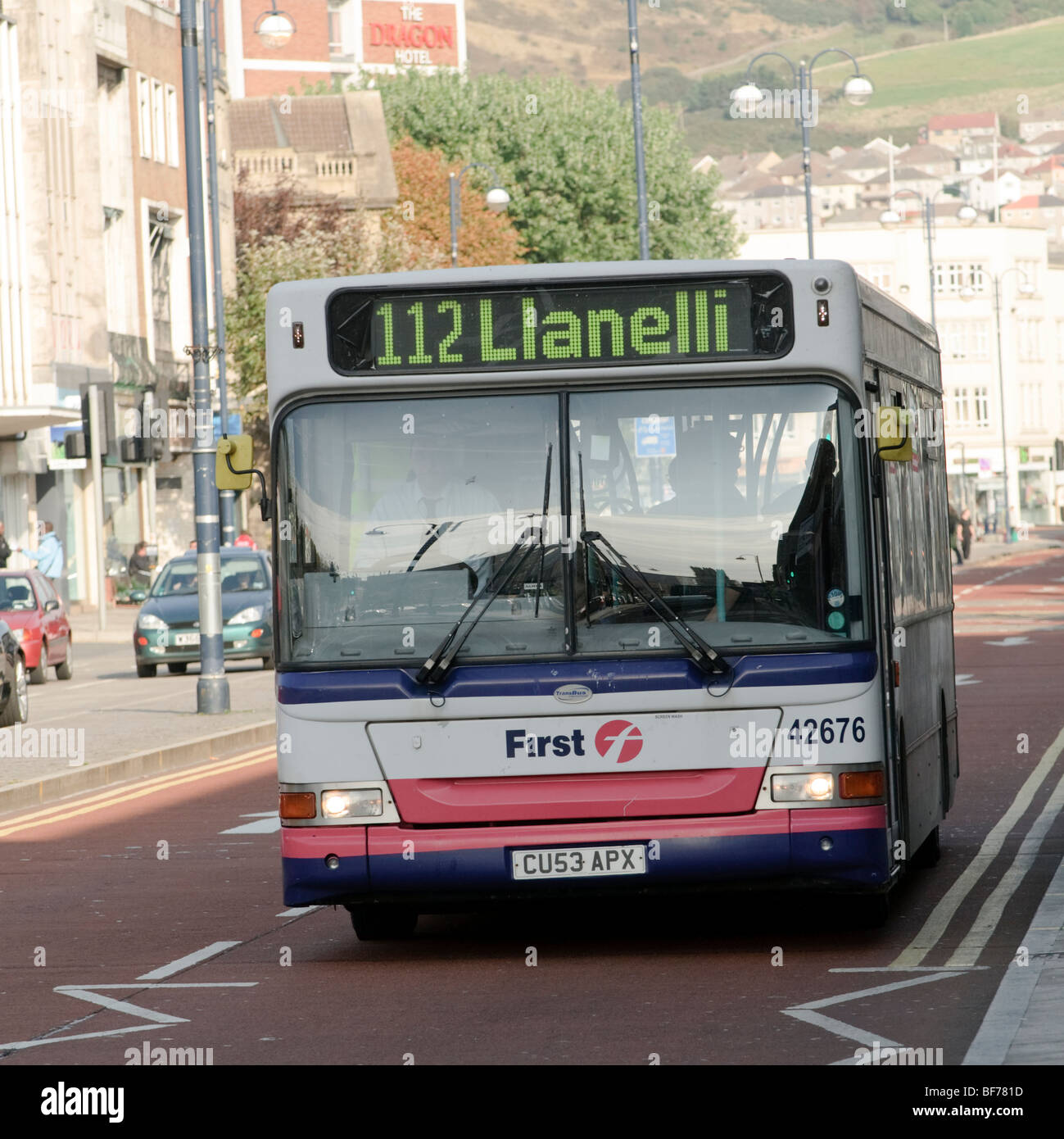 First bus company coach public transport, 112 to Llanelli, in Swansea city centre Stock Photo