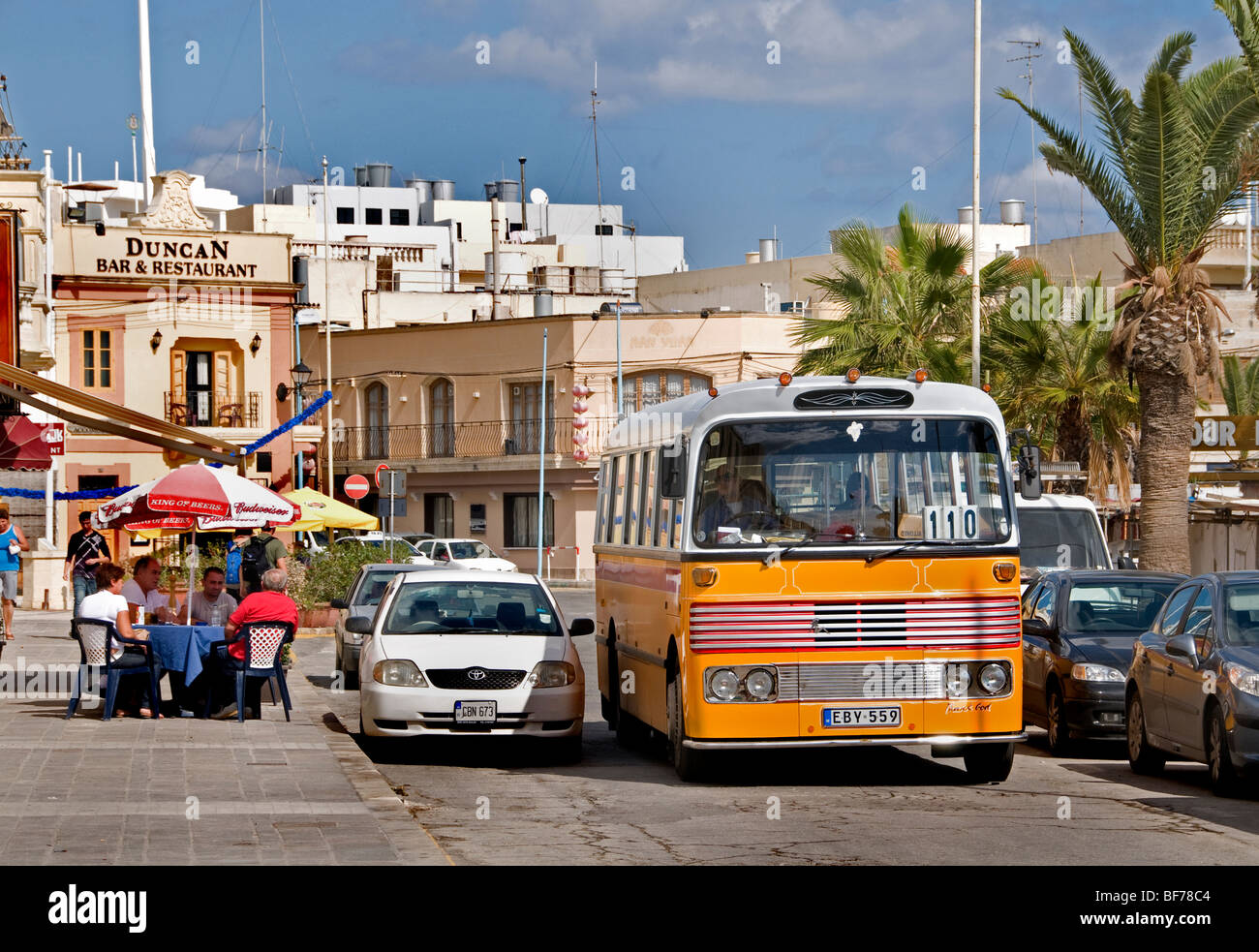 Malta Maltese Marsaxlokk Bay bus transport public Stock Photo
