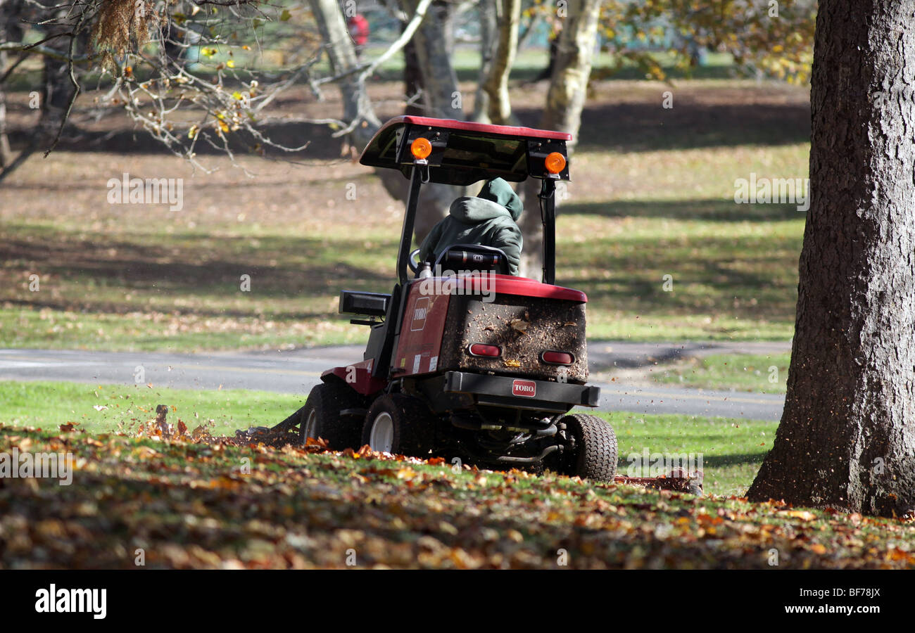 A large toro mower cutting grass and mulching leaves. Shot in late autumn. Stock Photo