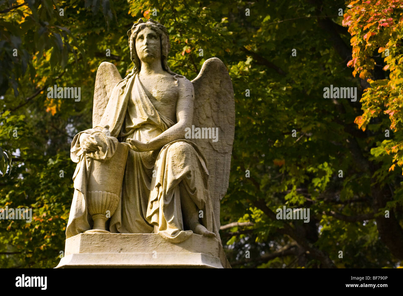 Forest Hills Cemetery. Weathered Angel Statue. Stock Photo