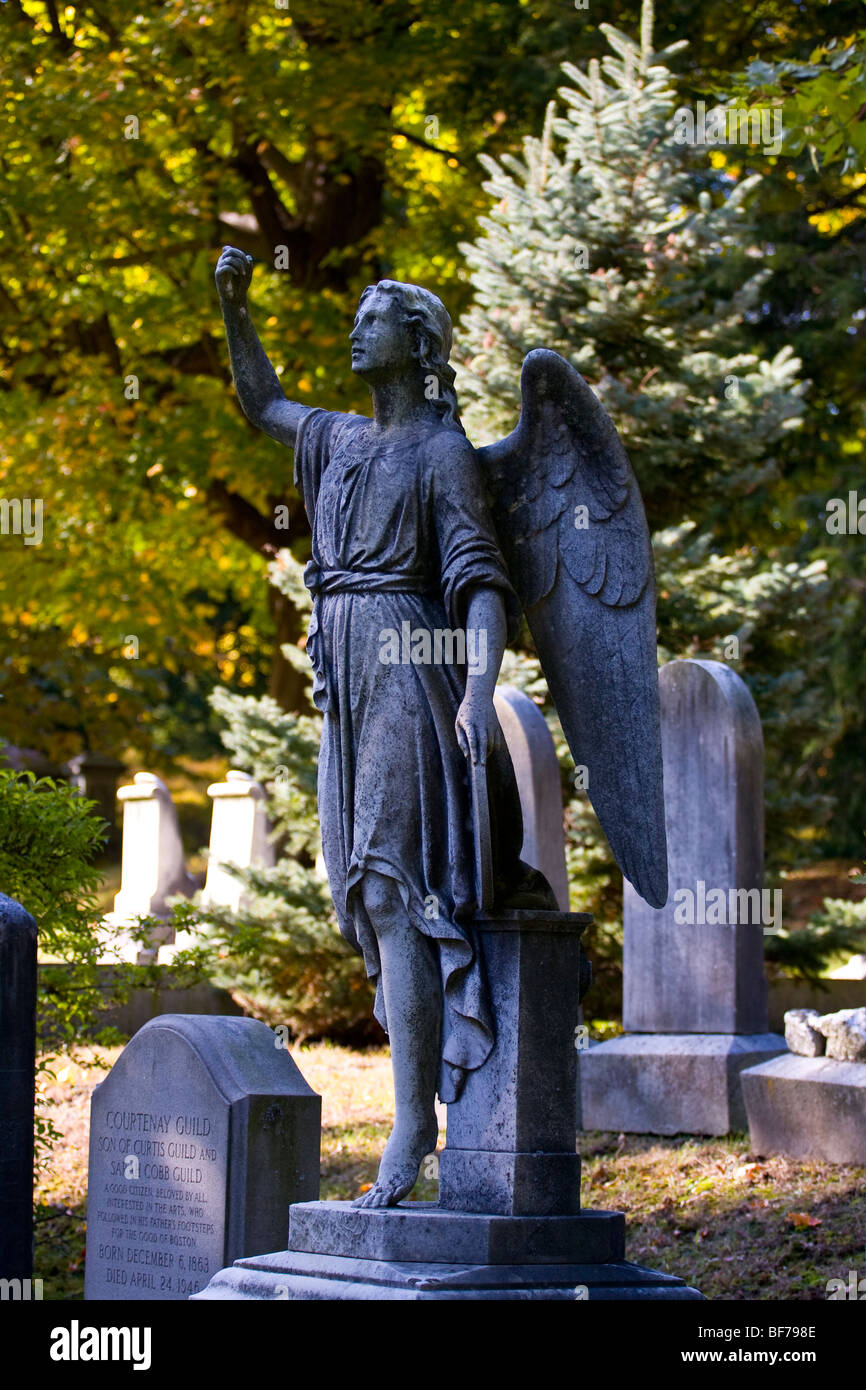Forest Hills Cemetery.  Angel gravestone statue in cemetery. Stock Photo