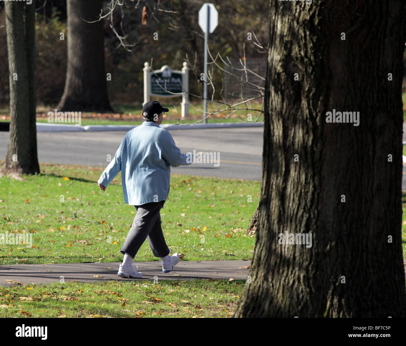 A woman walking in the park for exercise. A lovely autumn day. Stock Photo