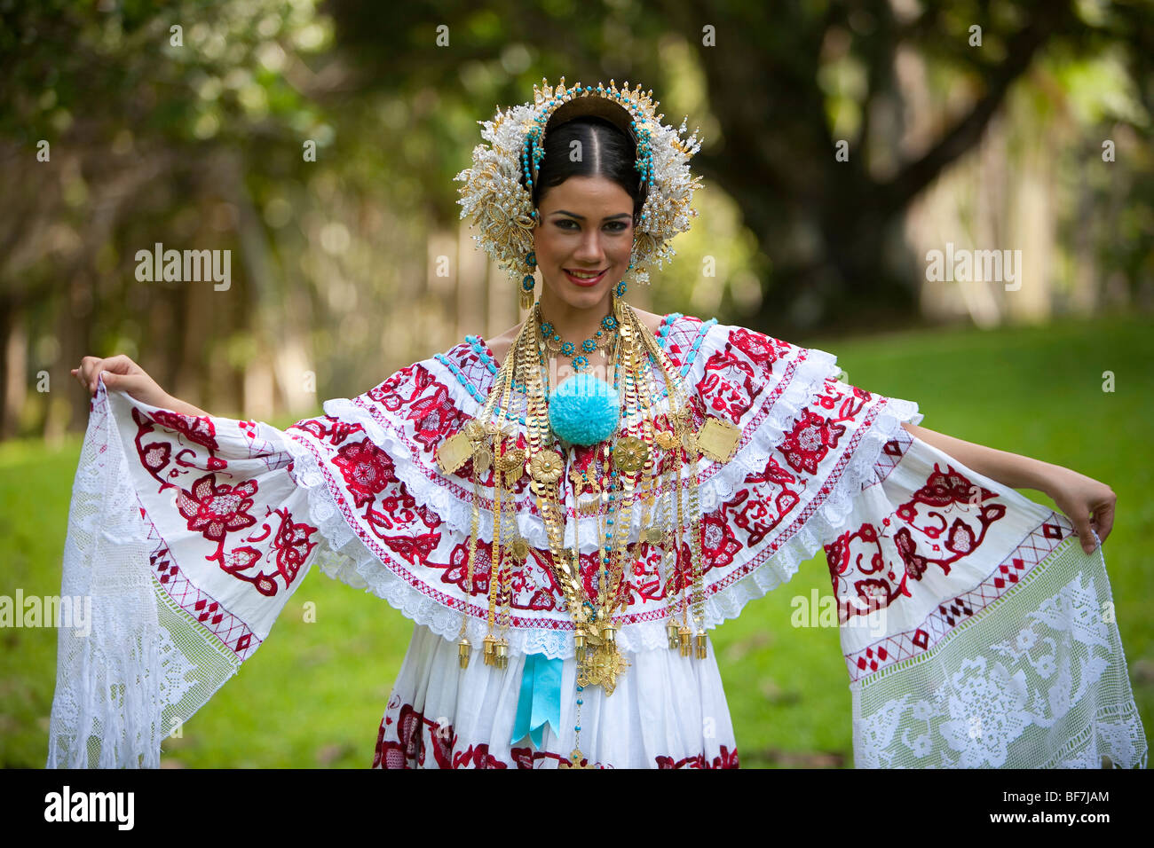 The Pollera, Panama typical dress. Pollera, traje tipico de Panama. Stock Photo