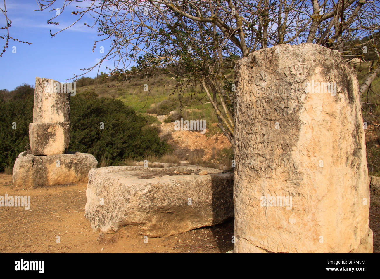 Israel, Shephelah, Roman milestone by Road 38 on the ancient Jerusalem-Beth Guvrin route Stock Photo