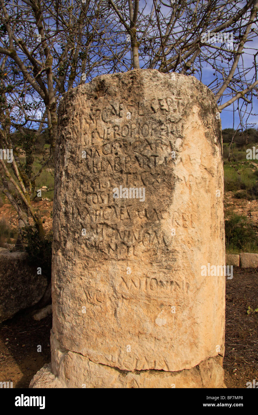 Israel, Shephelah, Roman milestone by Road 38 on the ancient Jerusalem-Beth Guvrin route Stock Photo